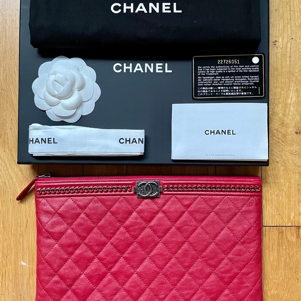 CHANEL BOY Red Quilted Pouch—Lambskin & Ruthenium